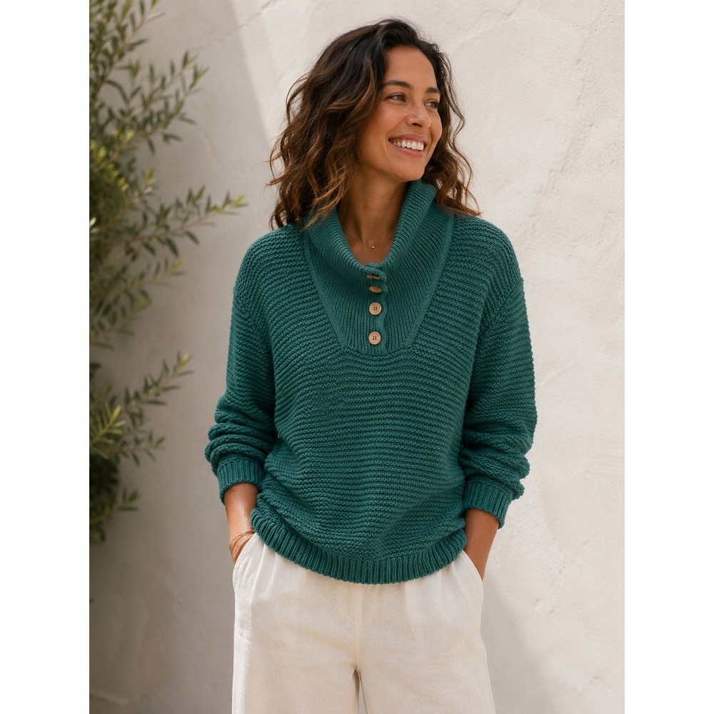 Alice Walk | Cotton Weekender Sweater Green Button Collar | Sz L